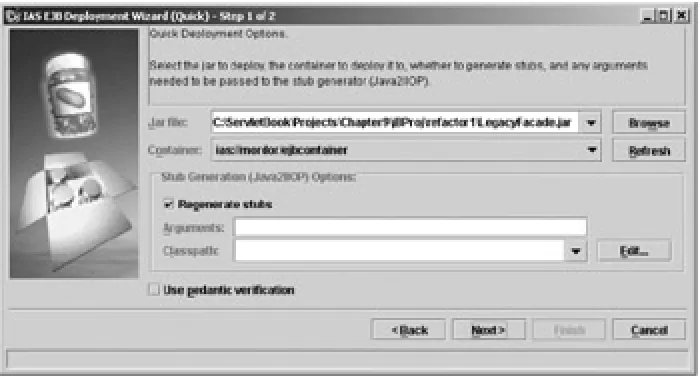 Figure 10-16: The first step of the EJB deployment wizard allows you to choose the JAR containing the bytecode files and XML configuration documents for the EJB component, as well as the EJB container where they should be deployed
