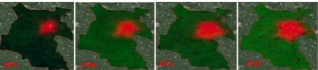 Figure 11. Performance of urban cover composite (UCC) for the detection and visualiza-tion of changes in urban built-up areas from 2001 to 2016 in West Delhi, Delhi, India