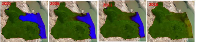 Figure 2. Performance of water cover composite (WCC) for the detection and visualiza-tion of changes in water bodies from 2001 to 2016 in Andamarca, SudCarangas, Oruro, Bolivia