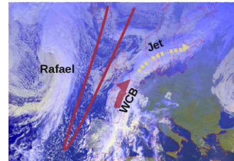 Figure 1. Real-world context for the T-NAWDEX-Falcon case usedfor the examples: visible Meteosat satellite image of Europe andthe North Atlantic of 12:00 UTC, 19 October 2012 (Meteosat op-erated by EUMETSAT, image processing by DLR-IPA)