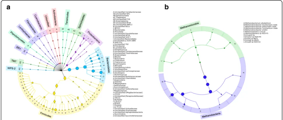 Fig. 1 Composition of rumen microbiota in beef cattle. Bacterial community composition was summarized at genus, family, order, class, and(heritability estimate [phylum levels (a), and archaeal community composition was summarized at species, genus, family,