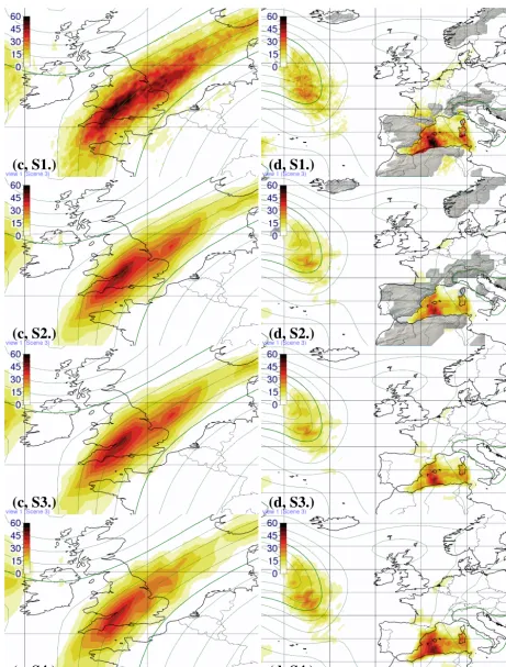 Figure 6. Same as Fig. 5, but showing (c) horizontal section of p(WCB) at 410 hPa; (d) horizontal section of p(WCB) at 950 hPa; colourcoding in %; green contour lines show ensemble mean geopotential height.