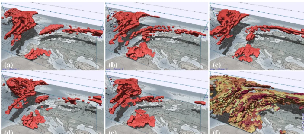 Figure 7. WCB features (binary grids Bm) of further members m of the forecast shown in Fig