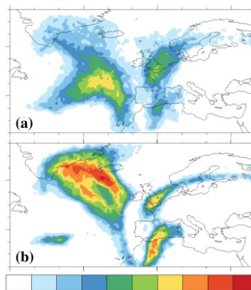 Figure 1. Total column probability of WCB occurrence (%), asavailable during TNF. Probabilities are computed from ABL-startedtrajectories ﬁltered for an ascent of 500 hPa in 48 h