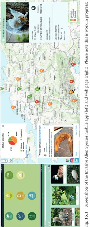 Fig. 16.1Screenshots of the Invasive Alien Species mobile app (left) and web page (right)