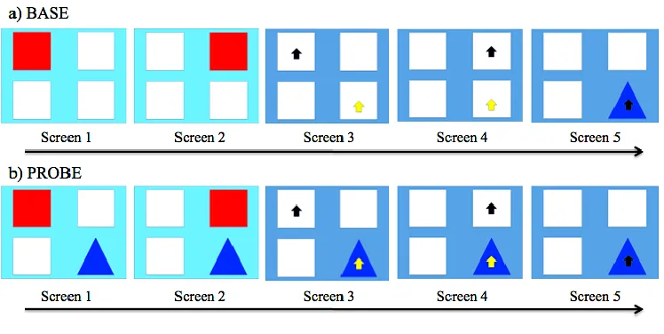Figure 2.1  The demonstration (light blue) and response (dark blue) screens for a) BASE and b) PROBE conditions