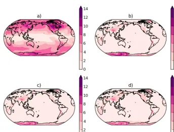 Figure 2. Spatial distributions of the RMSE in air temperature of ACCESS simulations. This is measured in Kelvin on a 2-D horizontal planeat 500 hPa and averaged over 1-year simulations excepting the ﬁrst 10 days
