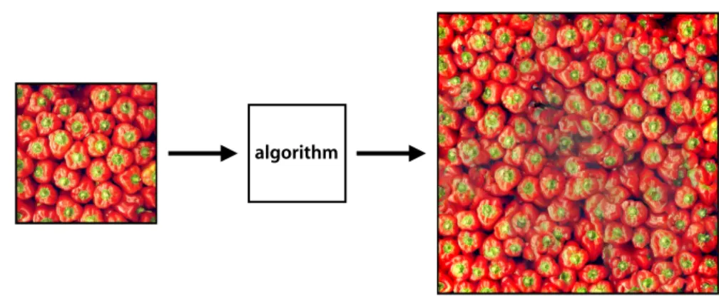 Figure 1.2: Texture synthesis is the process of algorithmically constructing a tex- tex-ture (right) that matches or extends a given source textex-ture (left) by taking  advan-tage of its structural content.