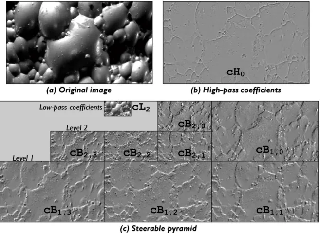 Figure 3-11: (a) An example of an original input image, (b) its residual high-pass coefficients, and (c) its two-level   steerable pyramid