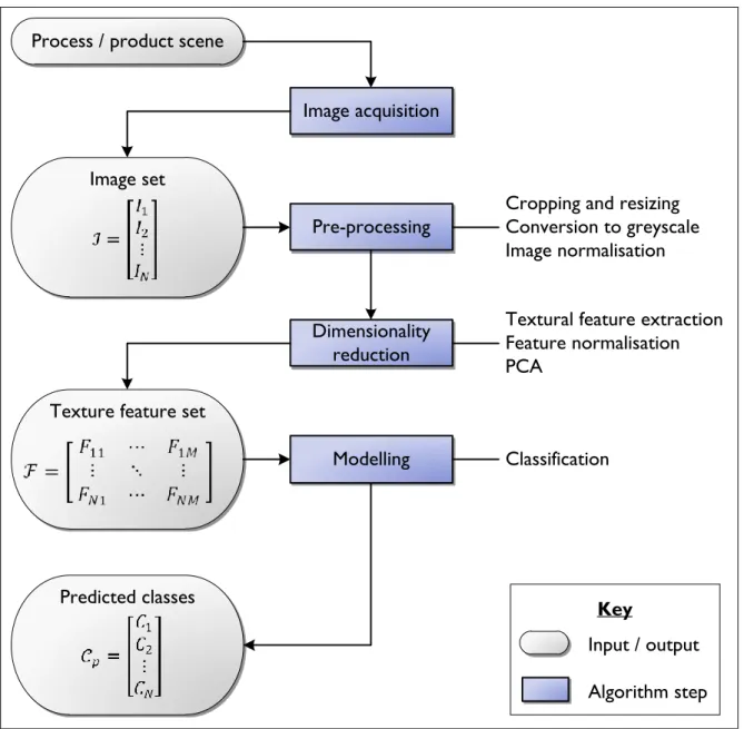 Figure 4-1: A framework for the development of a vision-based inferential sensor using textural feature extraction for  the dimensionality reduction step and classification for the modelling step 