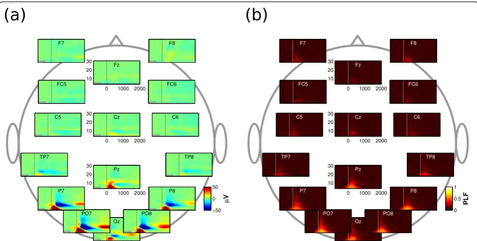 Figure 2 Grand average wavelet spectra. In each time-frequency plot, the interval of -800 to 2000 ms relative to cue onset (vertical line) isdepicted on the x-axis