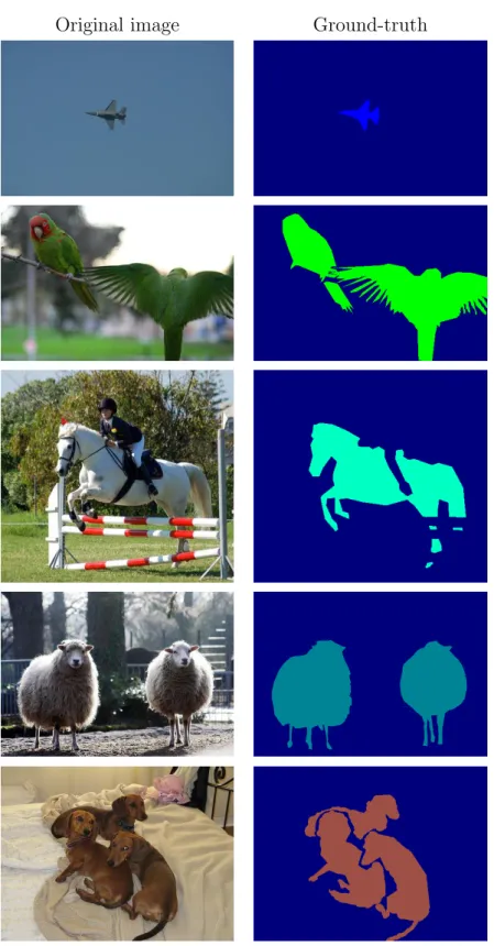 Figure 5.2: Sample images from VOC 2007 dataset [16]. The dark-blue colour in the ground-truth images presents the background class.
