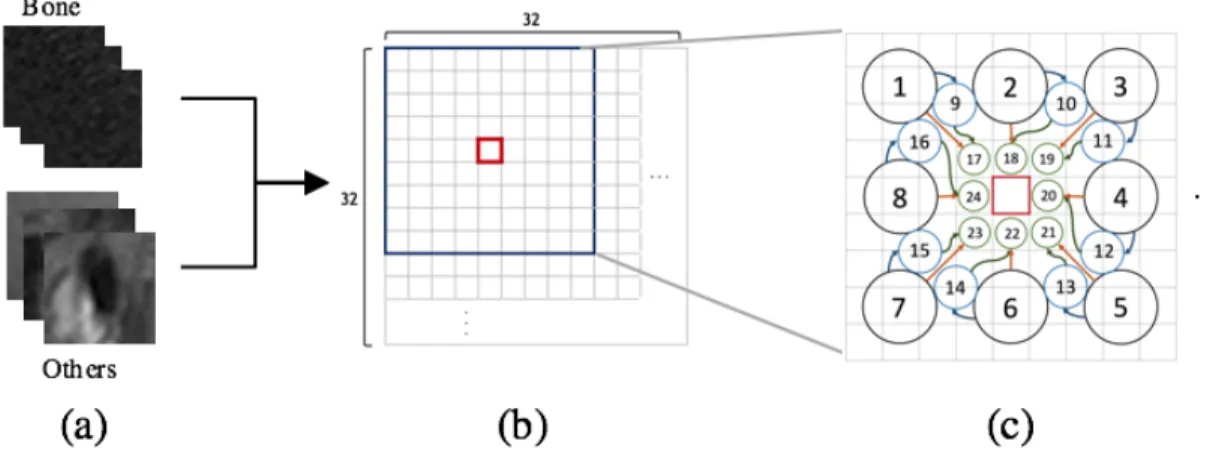 Figure 6: Set up the window size for feature extraction, (a) cropped input images  (bone and other parts), (b) demonstrate that the 9x9 window inside of 32x32 window, (c) 