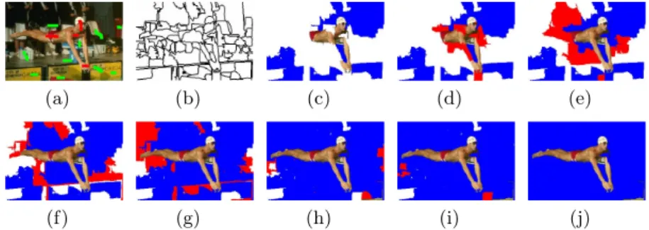 Fig. 1. The iterated segmentation process. (a) Original image with user input seeds.