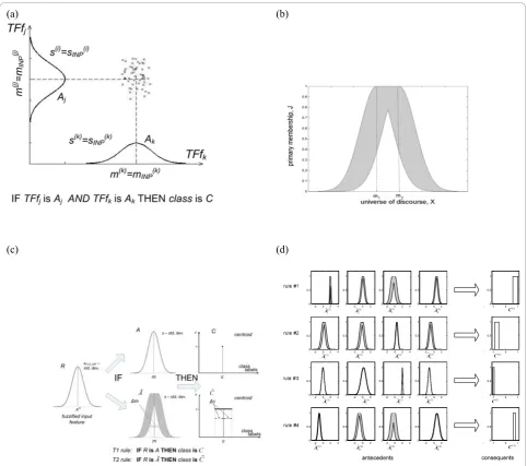 Figure 2 A Type-2 Fuzzy ClassifierGaussian interval type-2 fuzzy set with uncertain mean(antecedents: (a) A two-dimensional cluster in the feature space and the corresponding T1 fuzzy rule