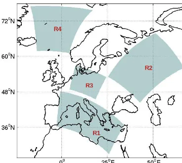 Figure 5. Schematic of the four regions selected for this study. R1– Mediterranean; R2 – eastern Europe; R3 – central Europe; R4 –northern Atlantic.