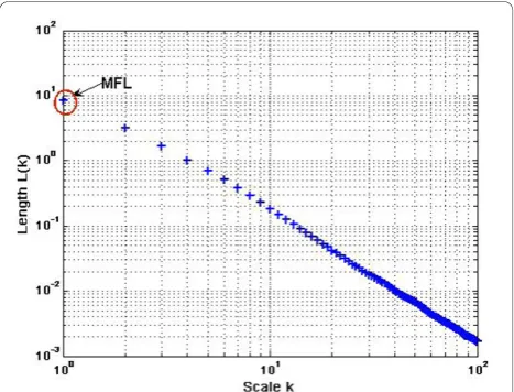 Figure 3 Calculation of Maximum Fractal Length (MFL) andFractal dimension (FD-slope of the line) from the logarithmicplot of length L(k) vs scale k.
