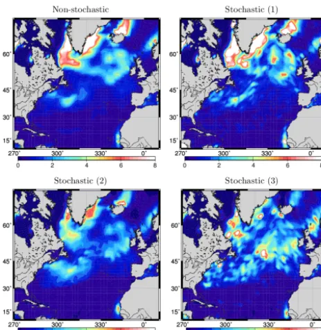 Figure 3. Surface phytoplankton concentration (in mmol N m−3)for 15 June as obtained with various stochastic parameterizationsof uncertainties in the ecosystem model: no stochastic parameteri-zation (top left panel), stochastic simulation of unresolved diversity(top right panel), stochastic simulation of unresolved scales (bot-tom left panel), and stochastic simulation of unresolved diversityand unresolved scales (bottom right panel).