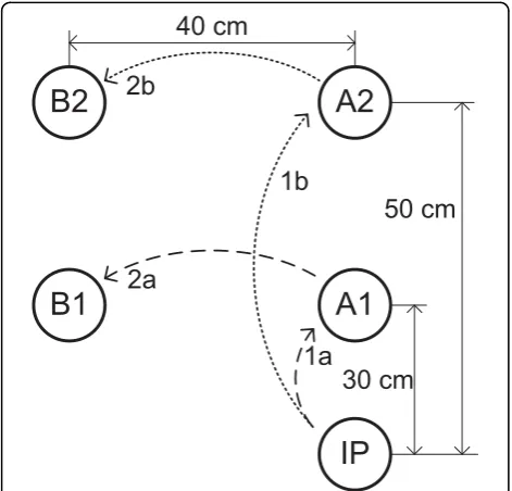 Figure 7 Experimental workspace. The notations are: IP - initialposition for the hand; A1, A2 - initial positions for the object to begrasped; B1, B2 - target locations for the object placed at A1 andA2, respectively