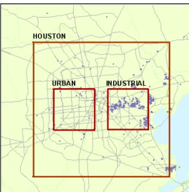 Figure 2. Starting locations of STOPS domains. Points indicate lo-cations of emission point sources in Houston.