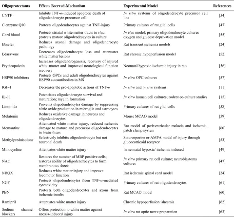 Table 1. Oligoprotectants and white matter protecting agents. 
