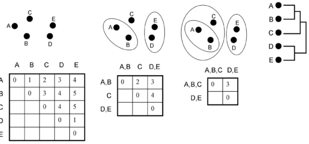 Figure 8. An example of a hierarchical clustering using single linkage algorithm. Consider fi ve genes and the  distances between them as shown in the table