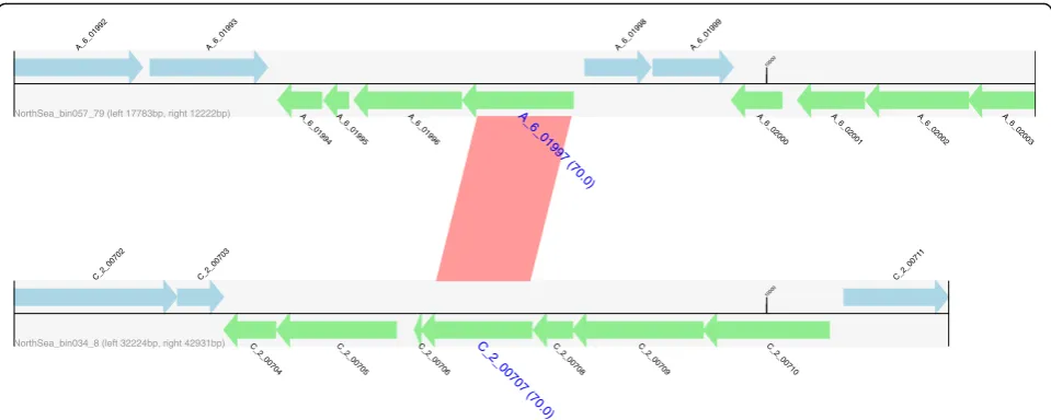 Fig. 2 Example output for the flanking regions of an identified HGTs. Genes encoded on the forward strand are displayed in light blue, andgenes coded on the reverse strand are displayed in light green