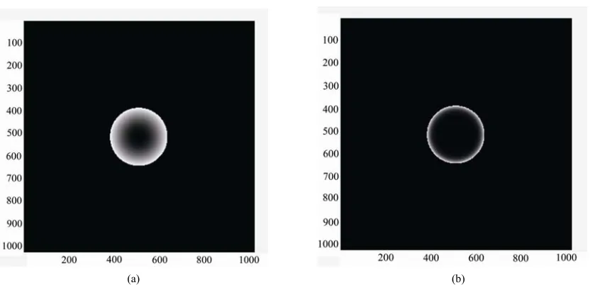 Figure 1. (a) The computer generated aperture having quadratic variations ρgenerated aperture having quadratic variations 2 of dimensions 1024 × 1024; (b) The computer ρ10 of dimensions 1024 × 1024