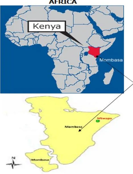 Figure 1: A Map of Africa showing location of Mombasa area in Kenya  The hospital draws people coming for various health care services from the entire province which covers an area of approximately 
