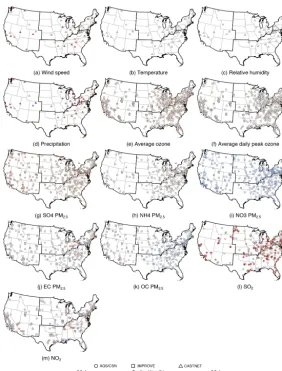 Figure A1. AQS, CSN, IMPROVE AQS and CASTNET monitor locations and annual average fractional bias forvariables and (a–d) meteorological (e–m) pollutant concentrations.