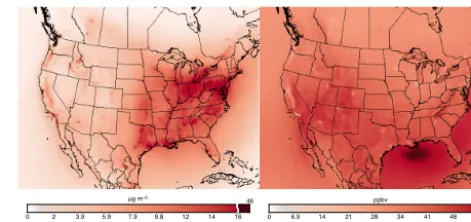 Figure 1. Modeled annual average ground level(b) (a) PM2.5 and O3 concentrations. For ease of viewing, the color scales con-tain a break at the 99th percentile of concentrations.