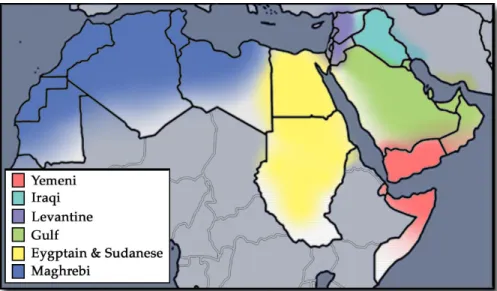 Figure 2.2: Map of the Arabic dialects as mentioned in Alghamdi (2000) and Watson (2002); The continuous spectrum of dialect variations does not take into account national