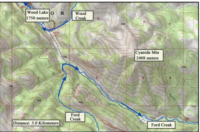 Figure 2. Modified topographic map from USGS National Map website showing the Wood Creek-Ford Creek through valley