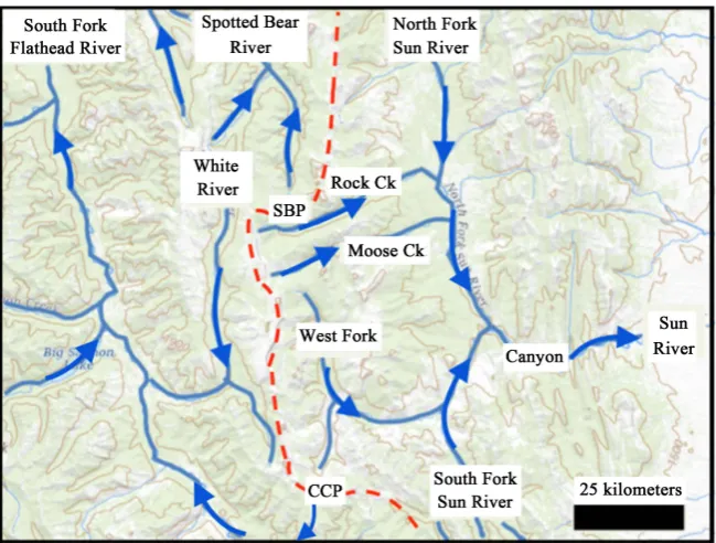 Figure 3. Modified map from USGS National Map website showing the Sun River drai-nage basin western extension