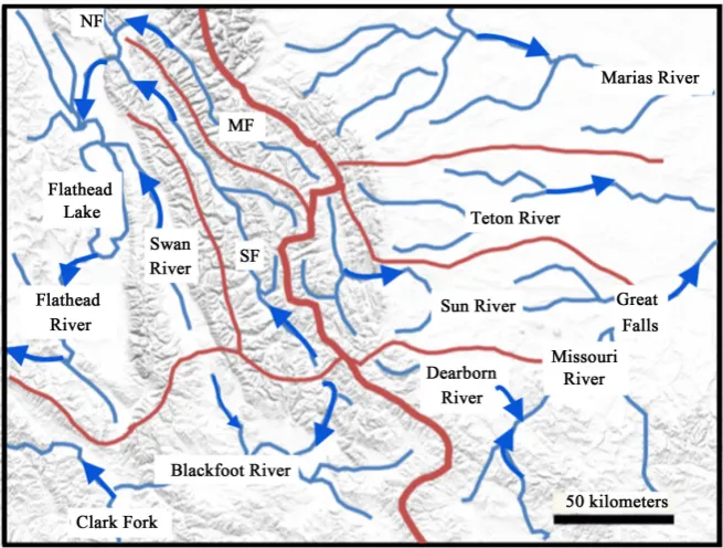 Figure 1. Modified map from United States Geological Survey (USGS) National Map website showing Sun River drainage basin relationship to adjacent rivers and drainage basins