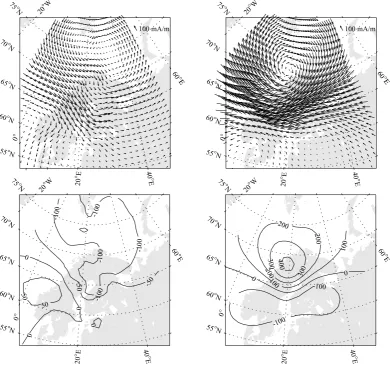 Fig. 8.Top panels: equivalent current distributions of a possible Omega band event occurring on June 26, 1998 at 01:18 UT