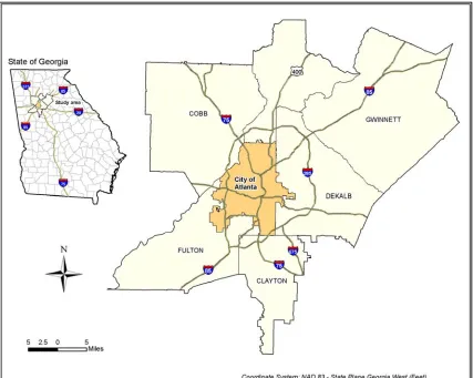 Figure 4.1 Study area covering five core counties in Metro Atlanta, Georgia 