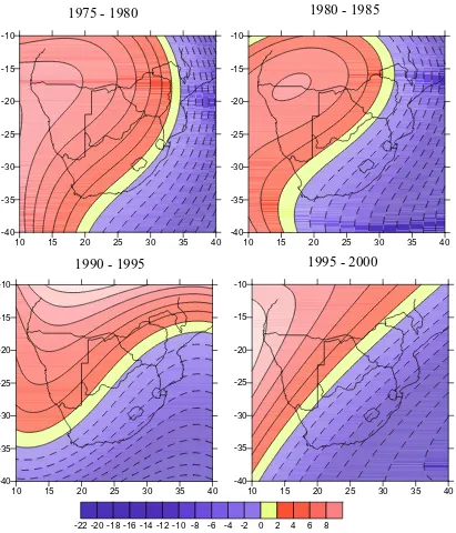 Fig. 3. A plot showing the declination secular variation over southern Africa as modelled by Spherical Cap Harmonic Analysis for various time intervalsbetween 1975 and 2000