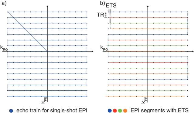 Figure 3.1: The sequence diagram for EPI acquisition shows the fast switching, alter- alter-nating RO gradients and the gradient blips along PE following a slice selective excitation during FID