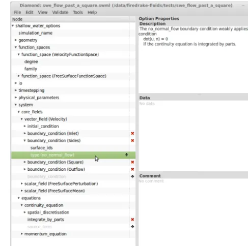 Figure 5. The Diamond (Ham et al., 2009) graphical user interfacefor editing Firedrake-Fluids simulation conﬁguration ﬁles.