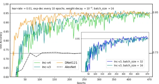 Figure 3.1: (main) Training from scratch Inception-v3 (lighter blue), Inception-v4 (green), DenseNet-121 (orange) and for comparison AlexNet (black) on SEM dataset.
