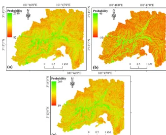 Figure 11. Landslide susceptibility maps derived from (a) FR, (b) WoE, and (c) EBF.