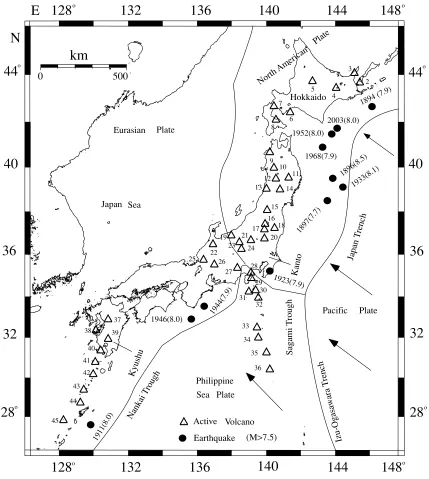 Fig. 1. Distribution of active volcanoes (triangles) and great earthquakes (solid circles) of M ≥ 7.6 since 1880 along the plate boundary of the Paciﬁcand Philippine Sea Plate in Japan