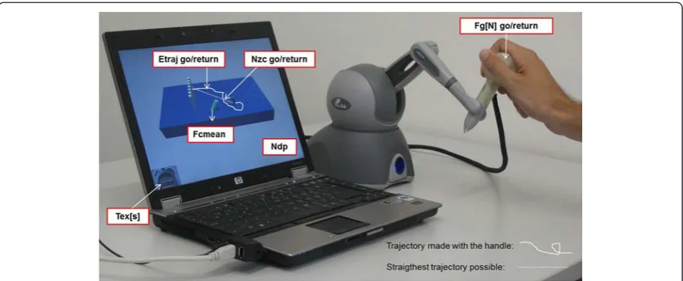 Fig. 1 VPIT setup and upper limb function parameters. Tex[s]: execution time in seconds; Ndp: number of dropped pegs during transport