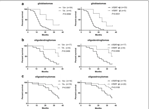 Fig. 3 Telomerase-associated parameters compared with overall survival. Kaplan–Meier estimates revealed a significant survival benefit for gliomapatients lacking hTERT+β (Right) or TA (Left) in different WHO grade gliomas including 38 GBMs (a), 23 ODMs (b) and 35 OAMs (c)