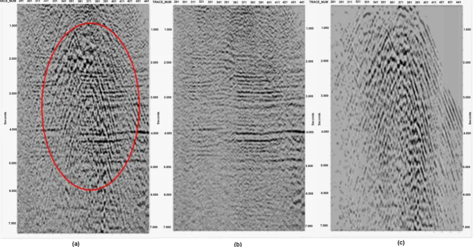 Figure 2. The single shot comparison before and after polarization filtering (a) shot gather before polarization filtering; (b) shot gather after polarization filtering; (c) and the surface wave removed