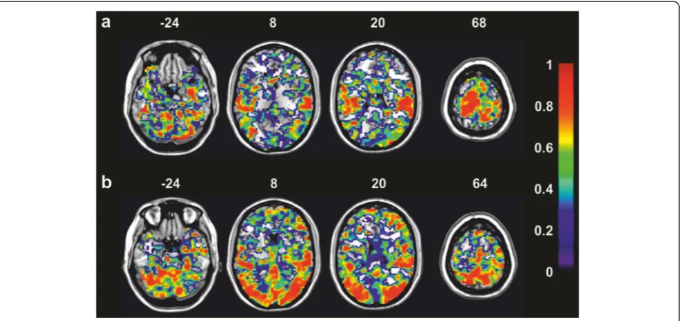 Fig. 5 Voxel-wise maps of intra-class correlation coefficients for repeated sessions of passive and active40 stepping