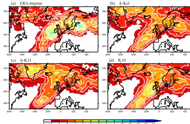 Figure 10. Euro-Atlantic springtime (MAM) blocking frequency climatology using the absolute geopotential height index calculated fromthe 500 hPa geopotential heights after Tibaldi and Molteni (1990) and Scherrer et al