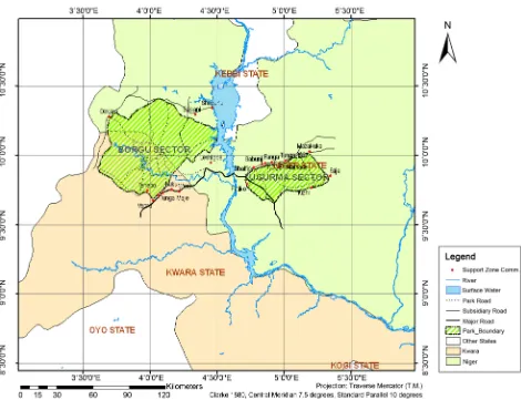 Figure 1. Map of kainji lake national park showing borgu and zugurma sectors. Source: Lameed & Jenyo-Oni [7]