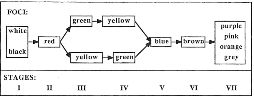 Figure 2.3.2: foci Apparant hierarchy in colour terms across languages - Showing what colour are distingmshed in language, across stages of languages that distinguish numbers of colours.This structure is suggested as possible proof of universal principles 